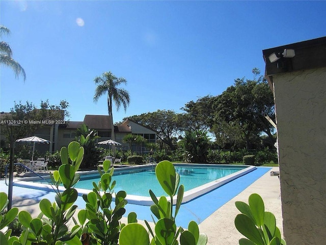 community pool with a patio area