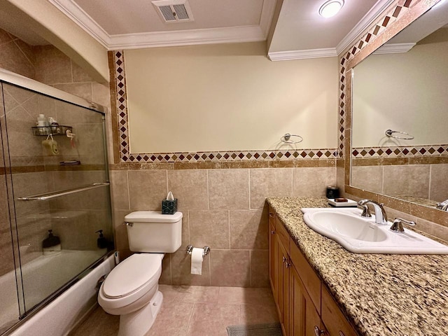 full bath with vanity, toilet, visible vents, and ornamental molding