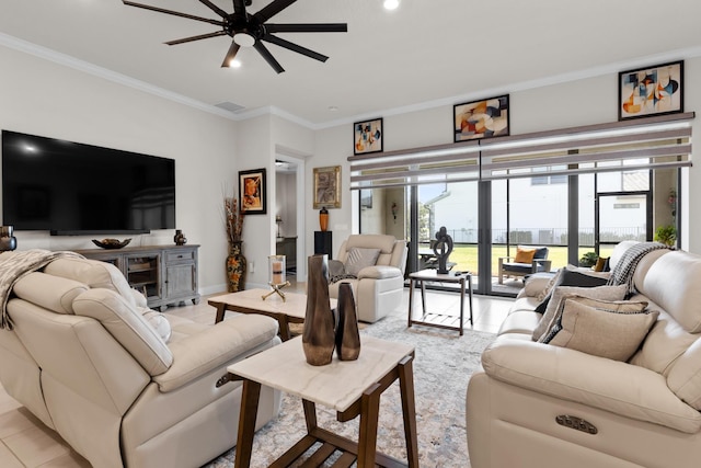 living room featuring visible vents, crown molding, baseboards, ceiling fan, and recessed lighting