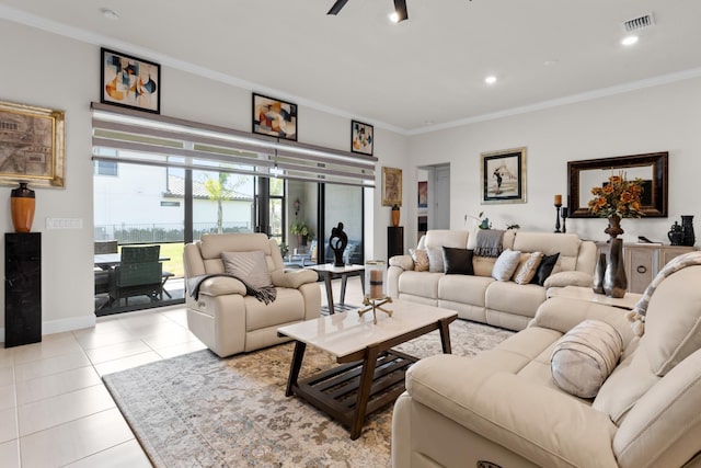 living room with crown molding, recessed lighting, light tile patterned floors, baseboards, and visible vents