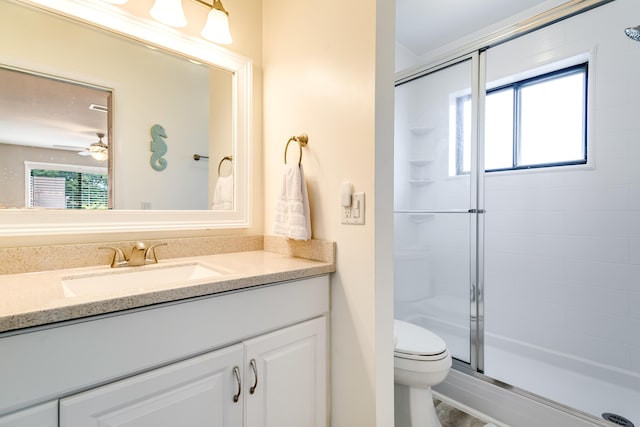 bathroom featuring a shower stall, toilet, and vanity