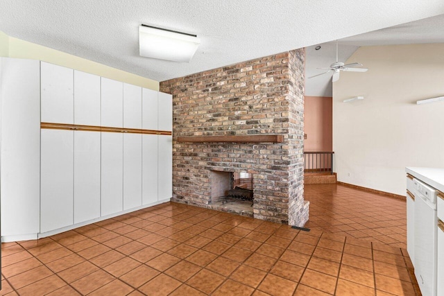 unfurnished living room with light tile patterned floors, baseboards, ceiling fan, a textured ceiling, and a fireplace