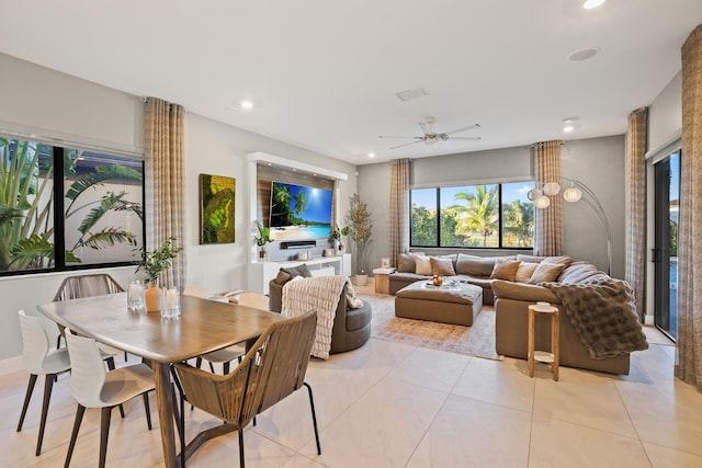 dining space with light tile patterned floors, ceiling fan, recessed lighting, and visible vents