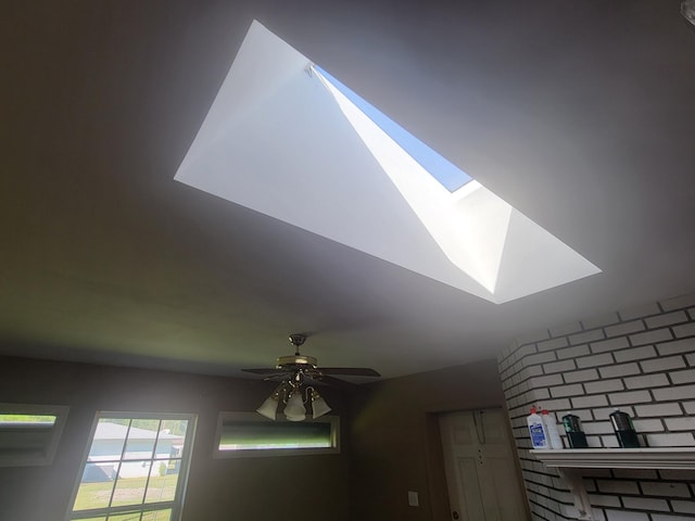 interior details featuring a skylight and a ceiling fan