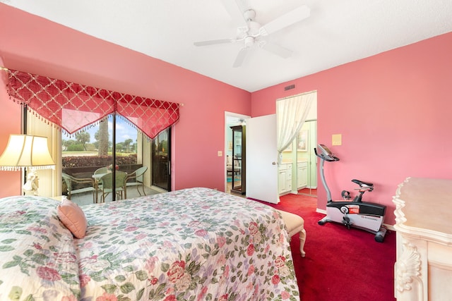 carpeted bedroom with access to exterior, visible vents, baseboards, and ceiling fan