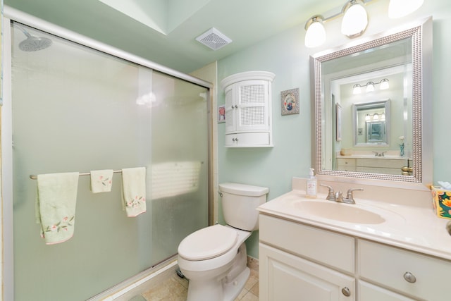 bathroom featuring vanity, visible vents, a shower stall, tile patterned floors, and toilet