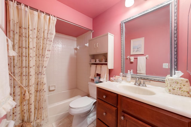 full bath with vanity, toilet, tile patterned flooring, and shower / bath combination with curtain