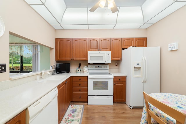 kitchen with white appliances, light wood-style flooring, ceiling fan, a sink, and light countertops