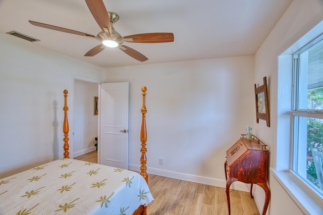 bedroom with light wood-type flooring, visible vents, baseboards, and ceiling fan