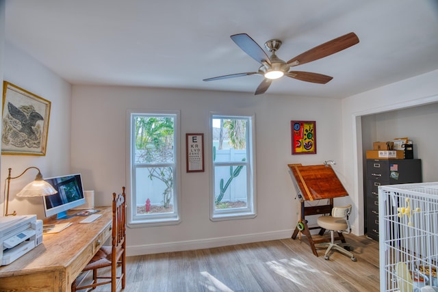 office space with baseboards, a ceiling fan, and wood finished floors