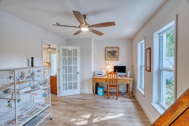 home office featuring a ceiling fan, wood finished floors, baseboards, and french doors