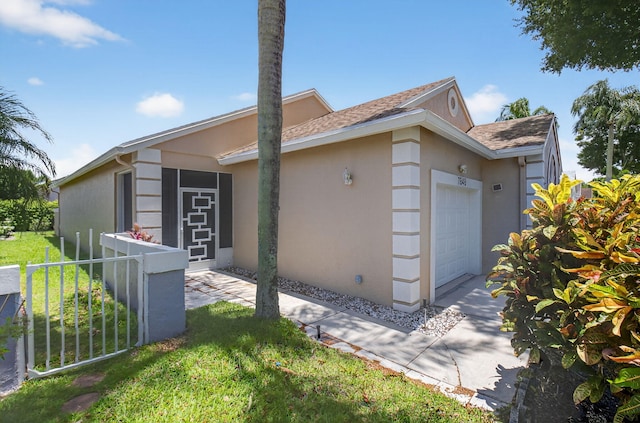 7848 Mansfield Hollow Rd, Delray Beach, FL 33446 - view of side of property with a garage, stucco siding, and roof with shingles