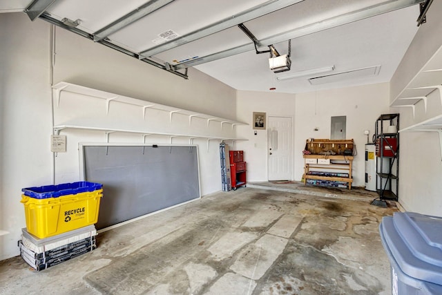 garage with electric panel and water heater