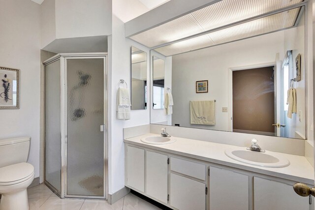 7848 Mansfield Hollow Rd, Delray Beach, FL 33446 - bathroom featuring a shower stall, double vanity, and tile patterned floors