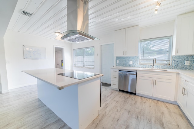 kitchen with island exhaust hood, dishwasher, a wealth of natural light, and a sink