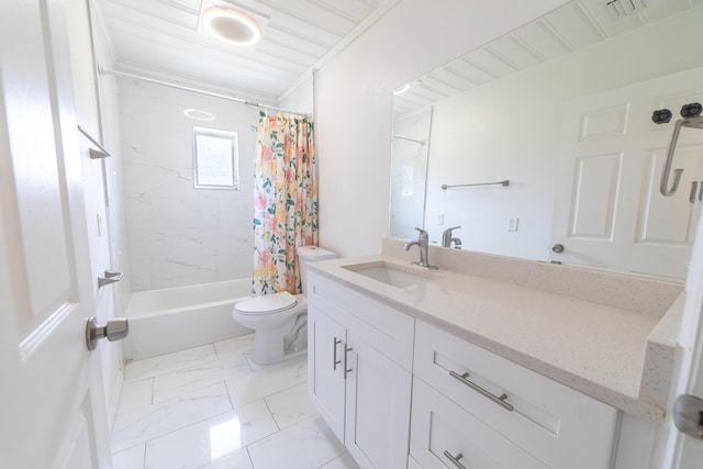 bathroom with visible vents, toilet, shower / bath combination with curtain, vanity, and marble finish floor