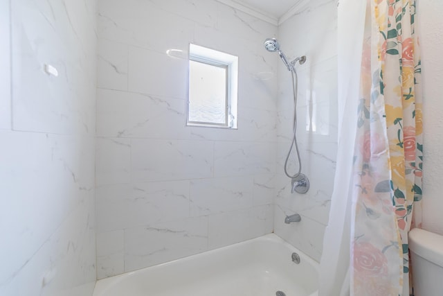 full bathroom with toilet and shower / bath combination with curtain