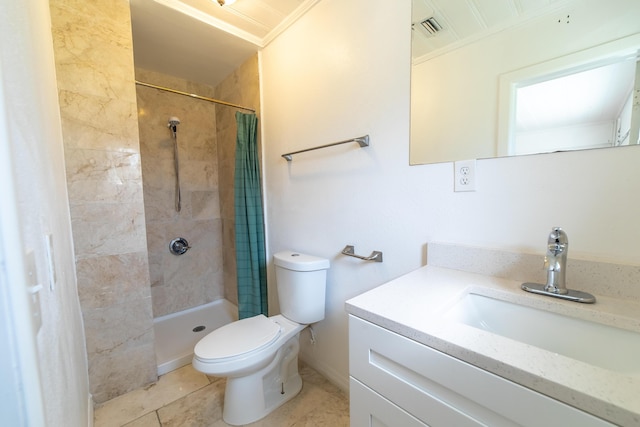 bathroom with visible vents, tiled shower, toilet, and vanity