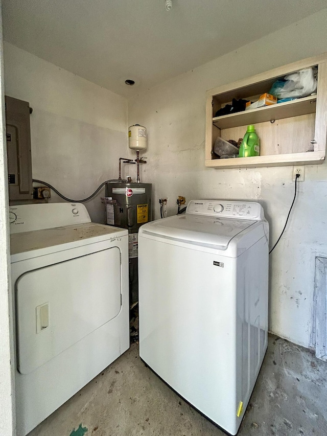 laundry area featuring electric panel, laundry area, washing machine and dryer, and water heater