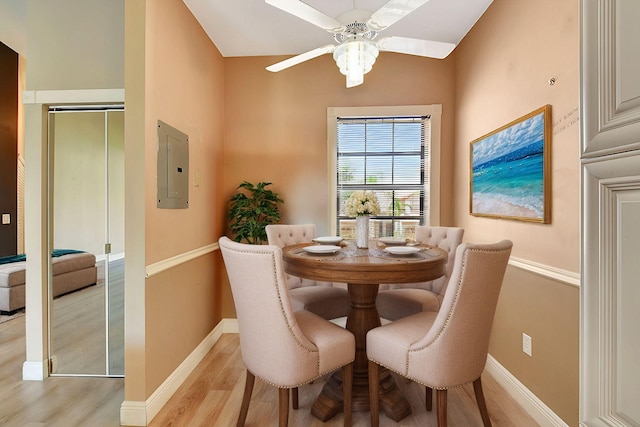 dining space featuring electric panel, baseboards, light wood finished floors, and ceiling fan