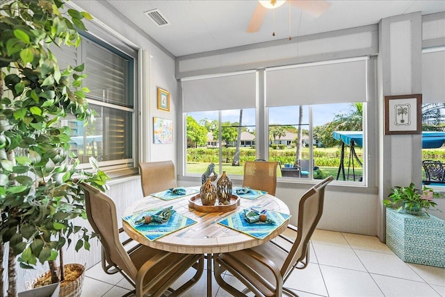 sunroom / solarium featuring visible vents and ceiling fan