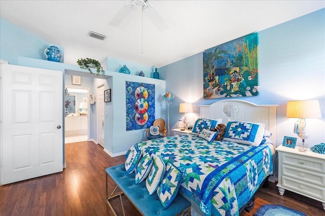 bedroom with visible vents, ceiling fan, and wood finished floors