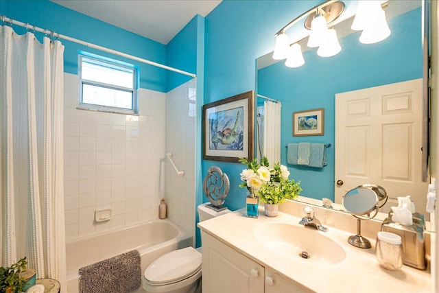 bathroom featuring toilet, vanity, and shower / bath combination with curtain