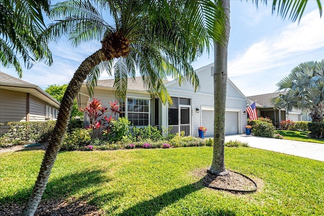 view of front of property featuring a front yard, concrete driveway, and an attached garage