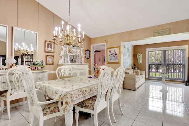 dining room featuring light tile patterned floors, an inviting chandelier, and vaulted ceiling