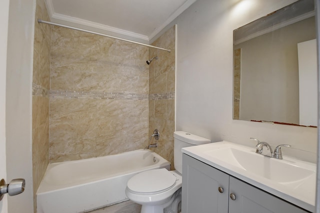 full bathroom featuring vanity, toilet, ornamental molding, and  shower combination