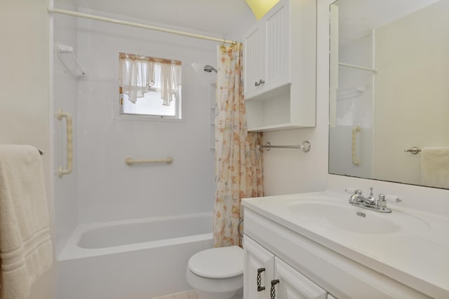 bathroom with toilet, shower / tub combo with curtain, and vanity