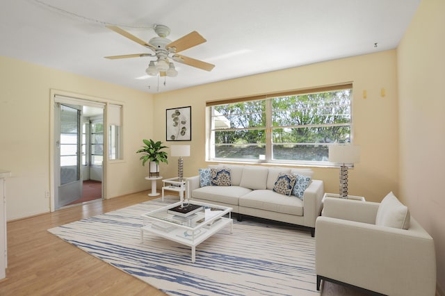 living area with a ceiling fan, a healthy amount of sunlight, and light wood-style floors