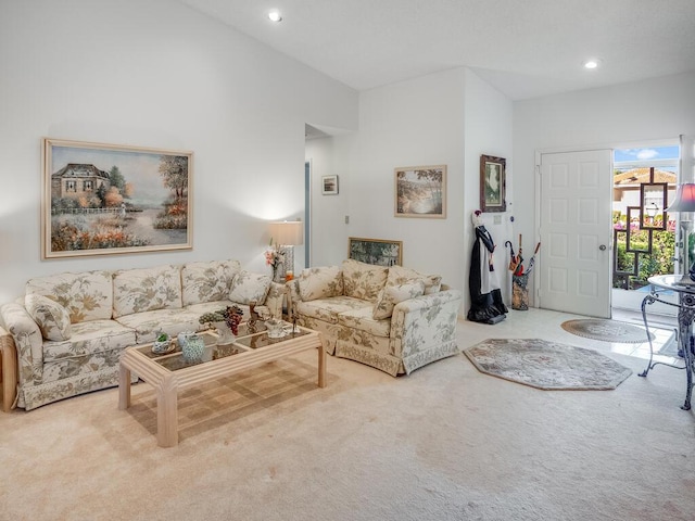 carpeted living room featuring recessed lighting