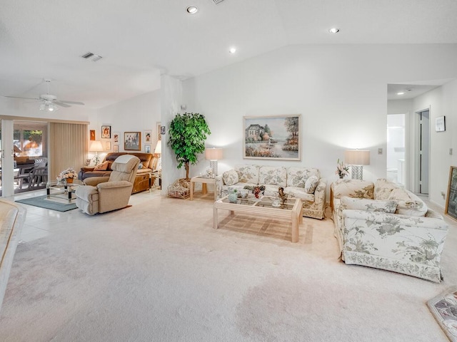 living room featuring a ceiling fan, carpet, visible vents, lofted ceiling, and recessed lighting