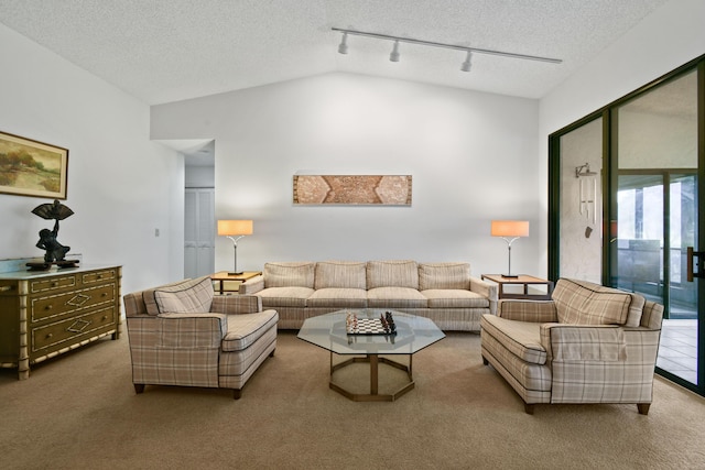 living room with track lighting, a textured ceiling, carpet, and lofted ceiling