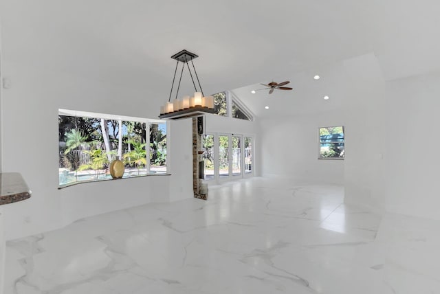 details featuring stone countertops, decorative light fixtures, a ceiling fan, and recessed lighting