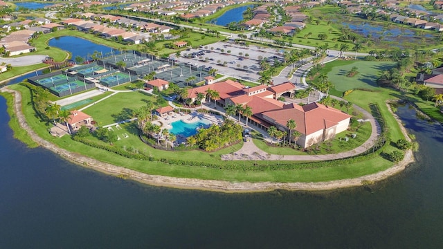 aerial view featuring a water view and a residential view