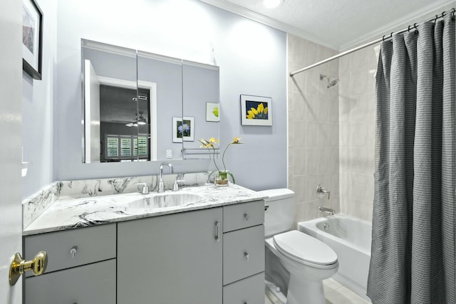 full bath with vanity, shower / bath combination with curtain, toilet, and ornamental molding