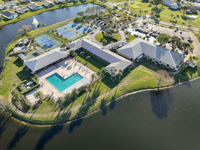 aerial view with a residential view and a water view