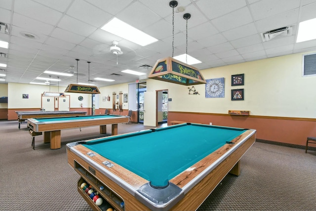 playroom featuring a drop ceiling, carpet floors, visible vents, and pool table