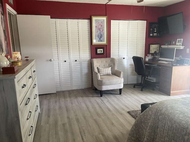 bedroom featuring wood finished floors and two closets