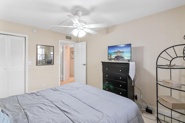 bedroom with a closet, visible vents, baseboards, and ceiling fan