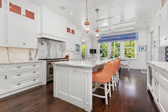 kitchen featuring dark wood finished floors, stainless steel range, white cabinets, glass insert cabinets, and tasteful backsplash