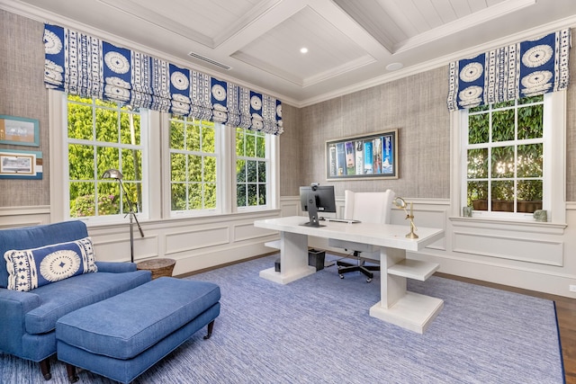 office area featuring beamed ceiling, coffered ceiling, ornamental molding, and a decorative wall