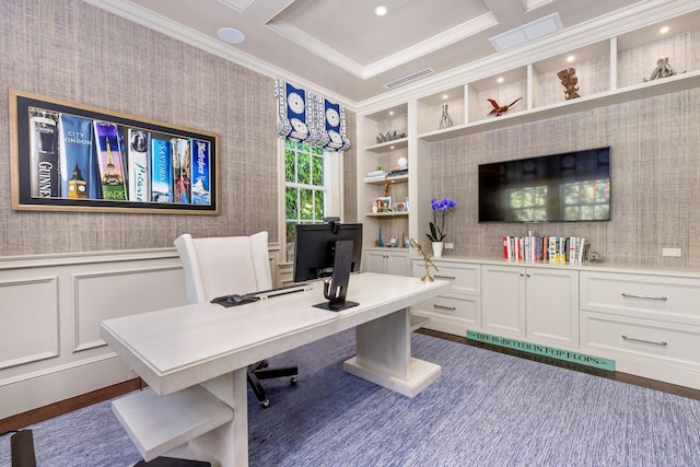 home office featuring visible vents, a wainscoted wall, ornamental molding, built in features, and wallpapered walls