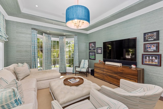 living area featuring wallpapered walls, a raised ceiling, recessed lighting, and ornamental molding