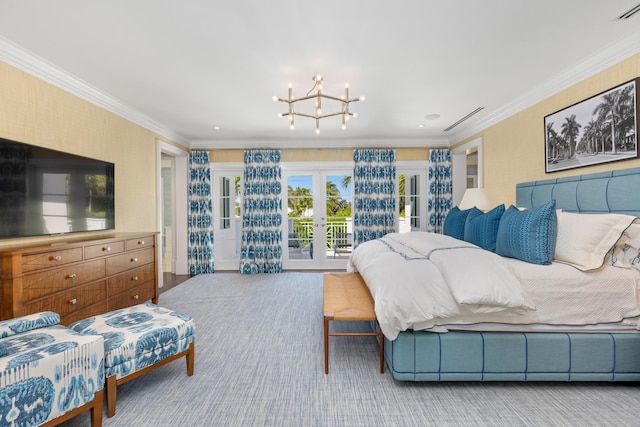 bedroom featuring access to exterior, a chandelier, french doors, and ornamental molding