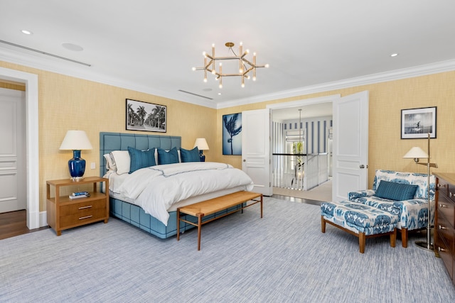 bedroom featuring wallpapered walls, crown molding, recessed lighting, and an inviting chandelier