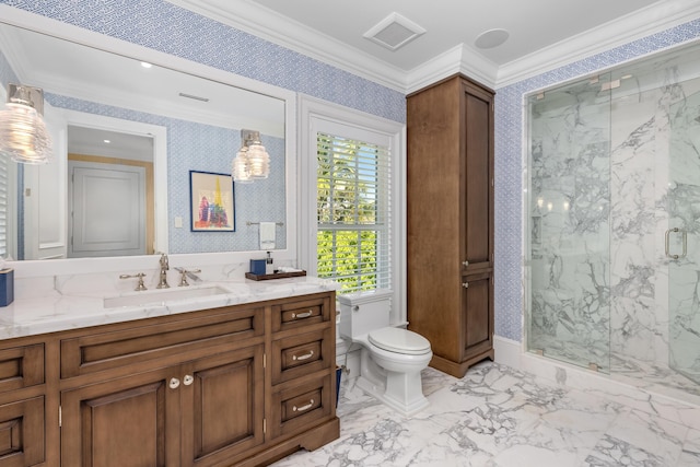 full bath featuring a marble finish shower, wallpapered walls, and crown molding