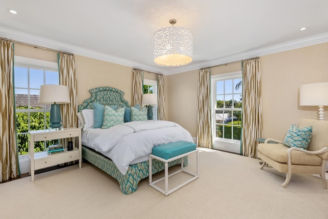 bedroom with recessed lighting, carpet flooring, and crown molding